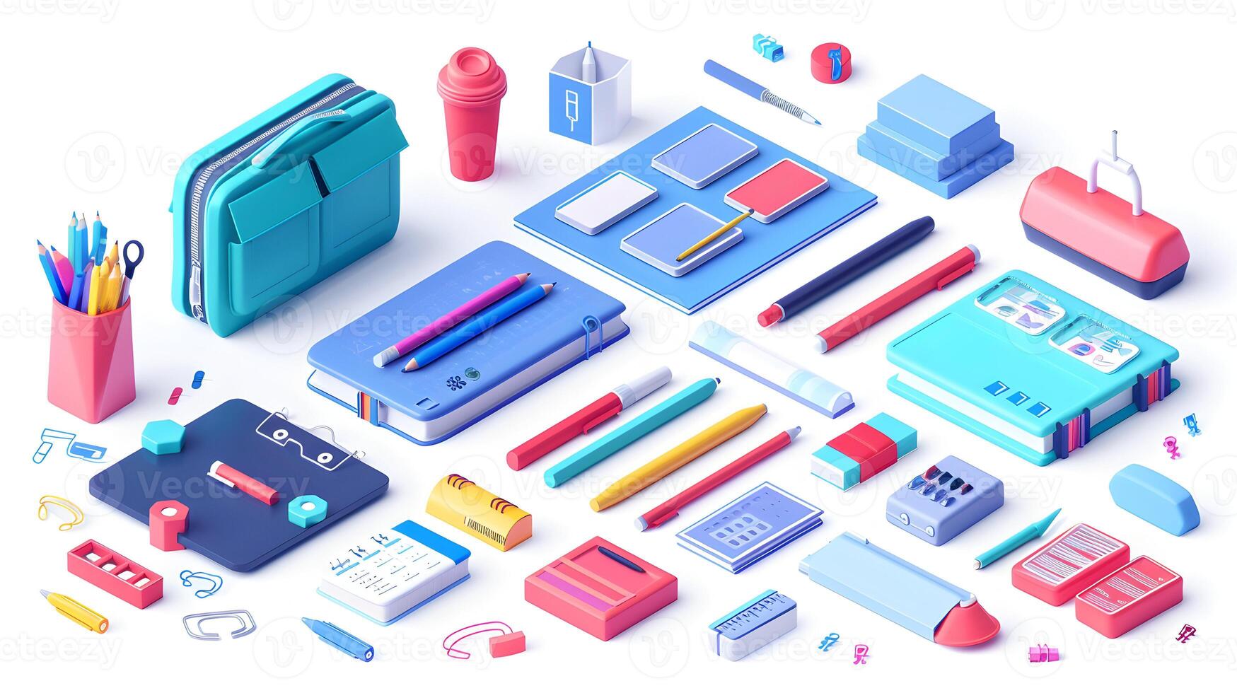 3d Flat cartoon style as Office supply kit isolated on white background concept as A comprehensive office supply kit isolated on a white background symbolizing organization product photo