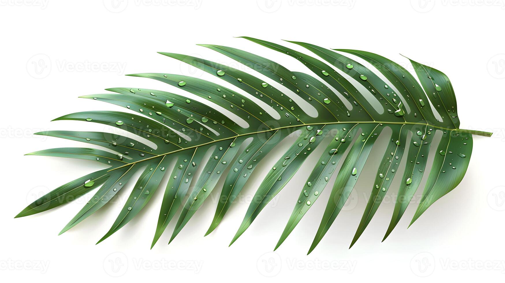 3d Flat cartoon style as Palm leaf with morning dew isolated on white background concept as A tropical palm leaf with morning dew isolated on a white background highlighting its lo photo