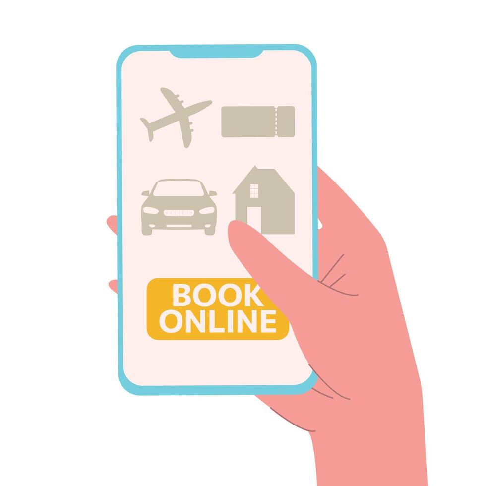 Summer vacation hotel booking. Online booking design concept for mobile phone hotel, flight, car, tickets. Travelling concept. illustration in flat design style vector