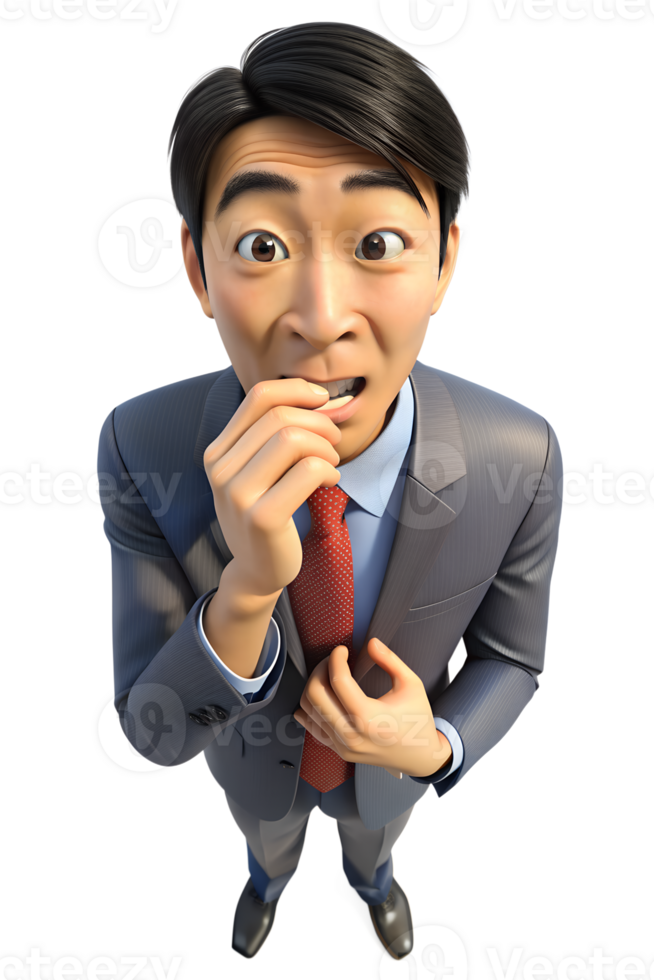 3d style illustration of asia man in office worker uniform, he is Biting of nails, isolated on a translucent background. png