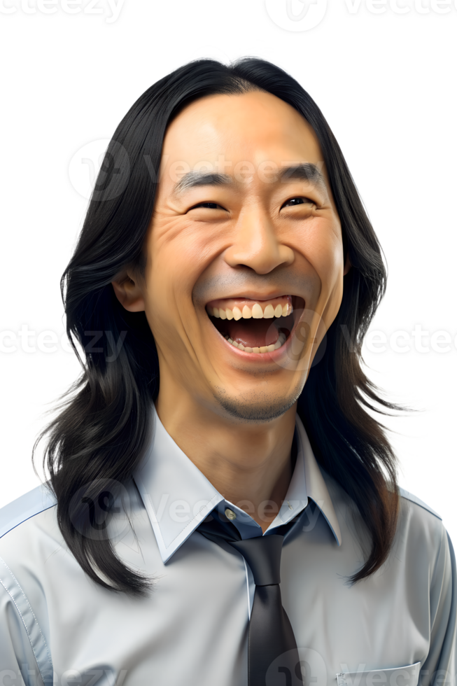 3d style illustration of asia young man in office worker uniform, long hair, he laughed a lot., isolated on a translucent background. png