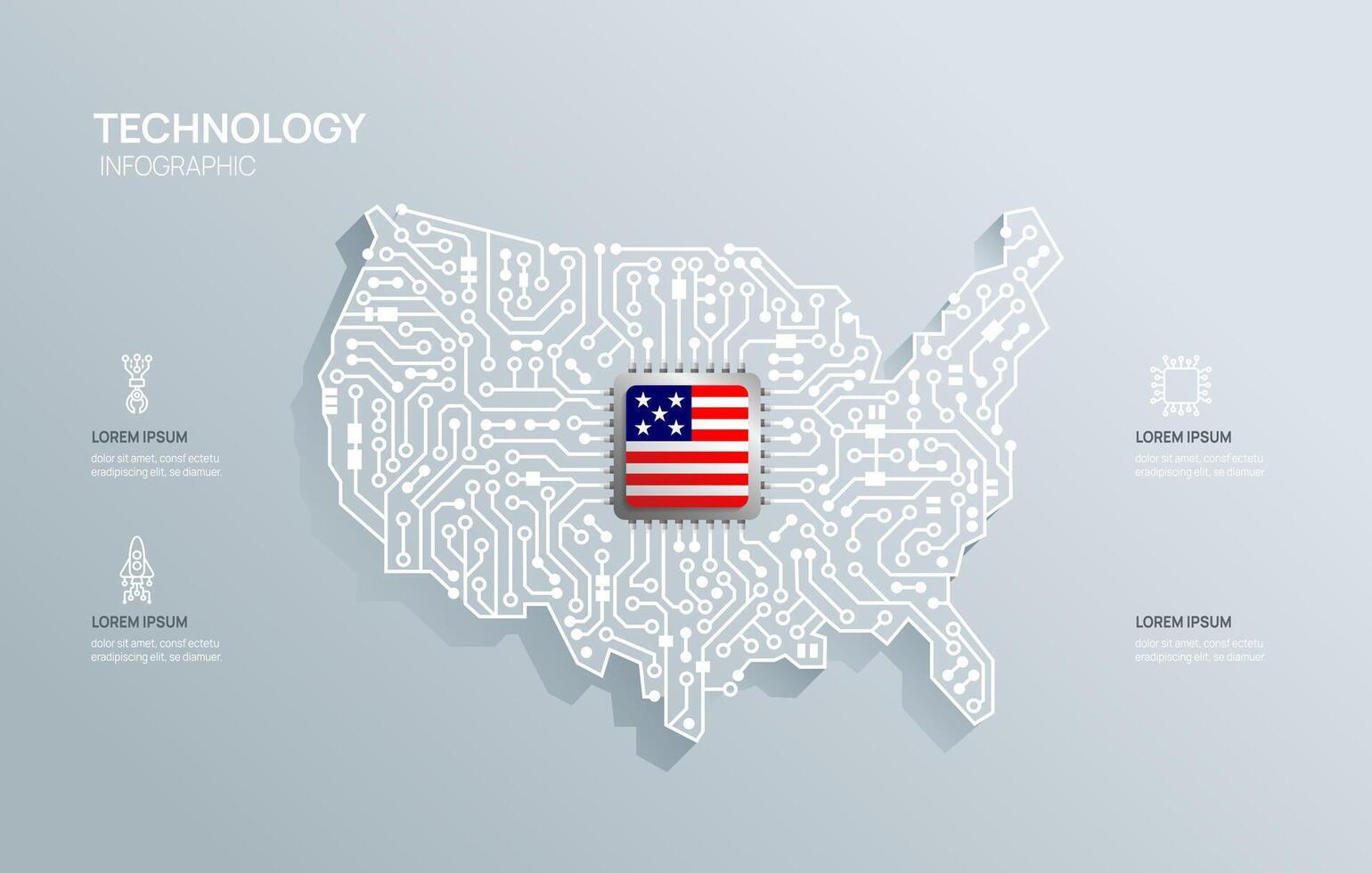 Circuit chip board semiconductor technology infographic. infograph circuit board USA map shape concept background. illustration. vector