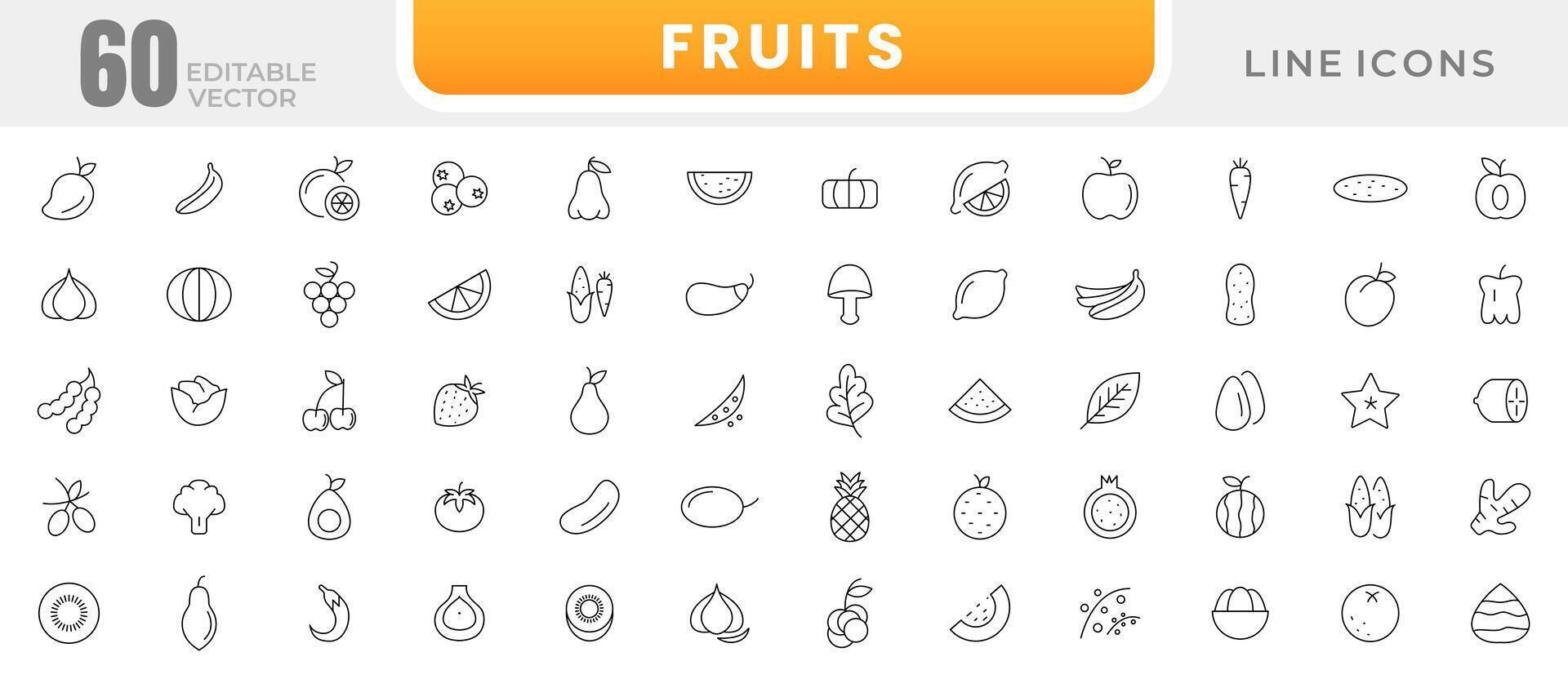 frutas y bayas línea íconos recopilación. naranja plátano melón manzana, arándano, piña pomelo, kiwi durazno, higo kiwi Fresco frutas icono embalar. Delgado contorno iconos vector