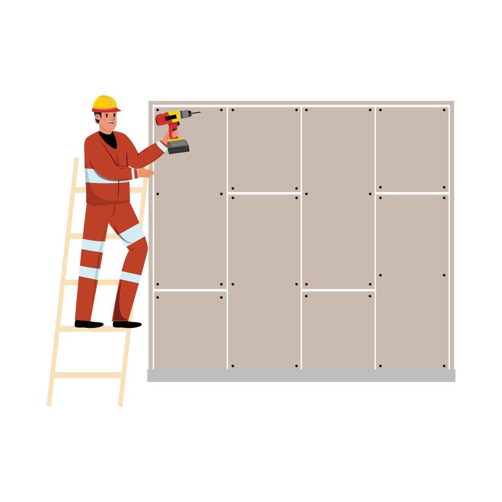 Worker in protective helmet and uniform stands on a ladder, holding a drill to fix a wall. Illustration depicts construction and repair work with safety gear and tools vector