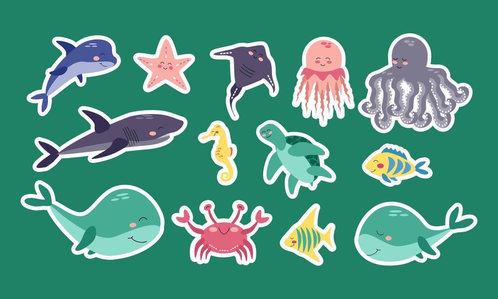 conjunto de pegatinas mar animales ballena, tiburón, Medusa, delfín, estrella de mar, mantarraya, pulpo, caballo de mar, tortuga, tropical pez, cangrejo. dibujos animados ilustración para pegatinas vector