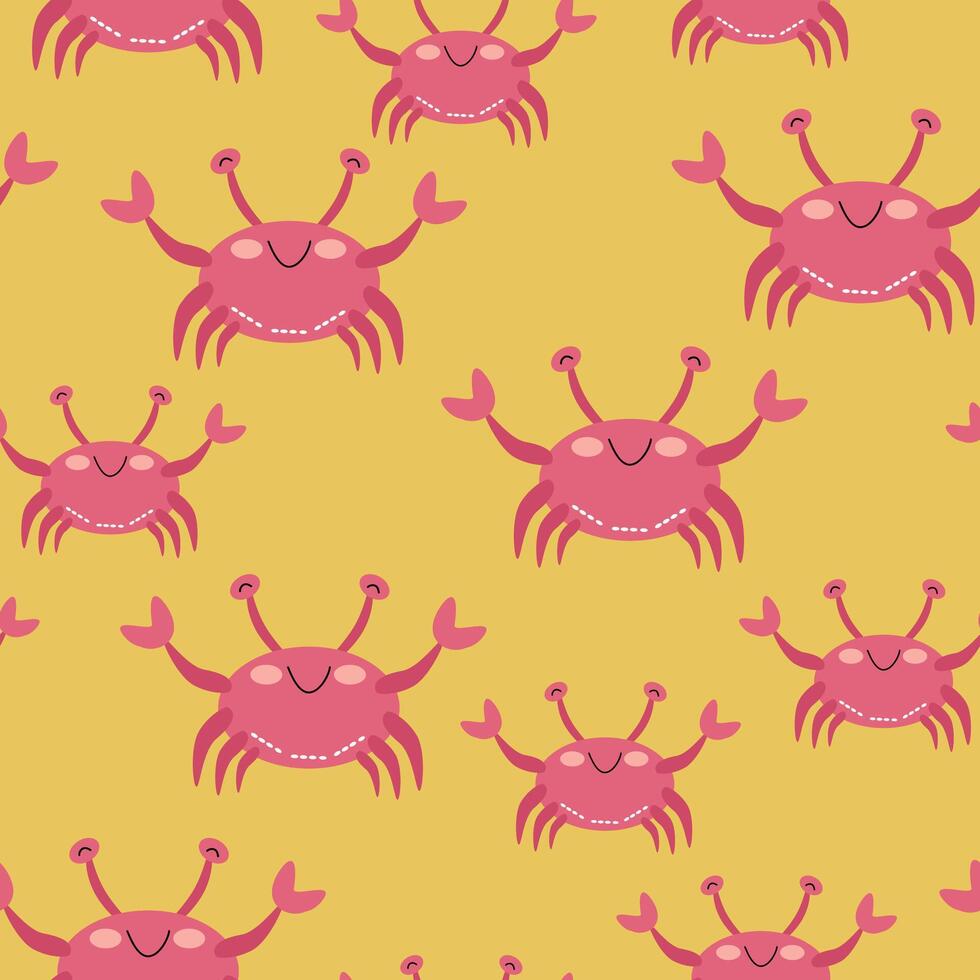Seamless pattern of cartoon crab on a yellow sand background. illustration for children's wallpaper, textiles, packaging. vector