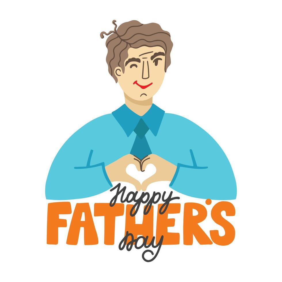 Fathers day letterin with a smiling dad son and hands folded in the shape of a heart vector