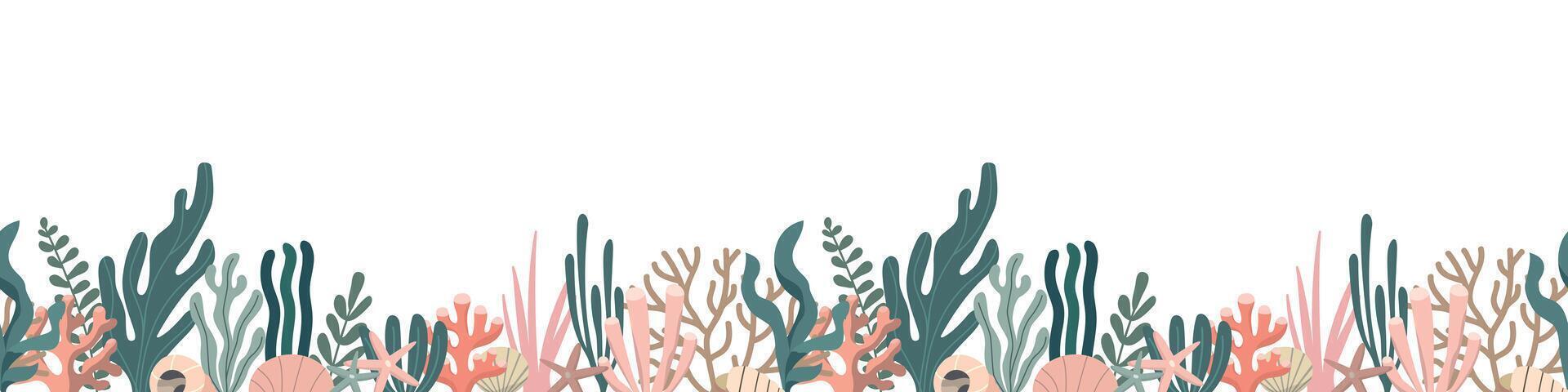 Seaweed and corals horizontal seamless border pattern. Hand drawn plants botanical texture. Great for fabric, textile, apparel, digital paper. Isolated on white background vector
