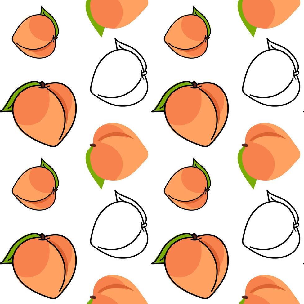 A pattern of colored peaches with a contour, whole. Bright colors, detailed texture, realistic shading of fruits with leaves. illustration in seamless texture for printing vector