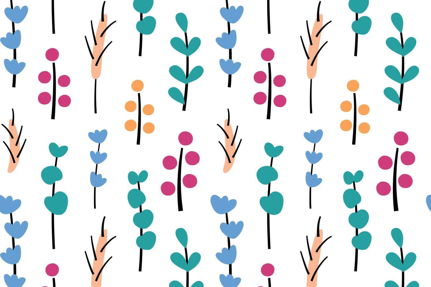 Cute colorful floral pattern, ornament of flowers icons, branches and spikelet doodles, illustrations of green leaves on white background, seamless colored pattern for wrapping paper vector