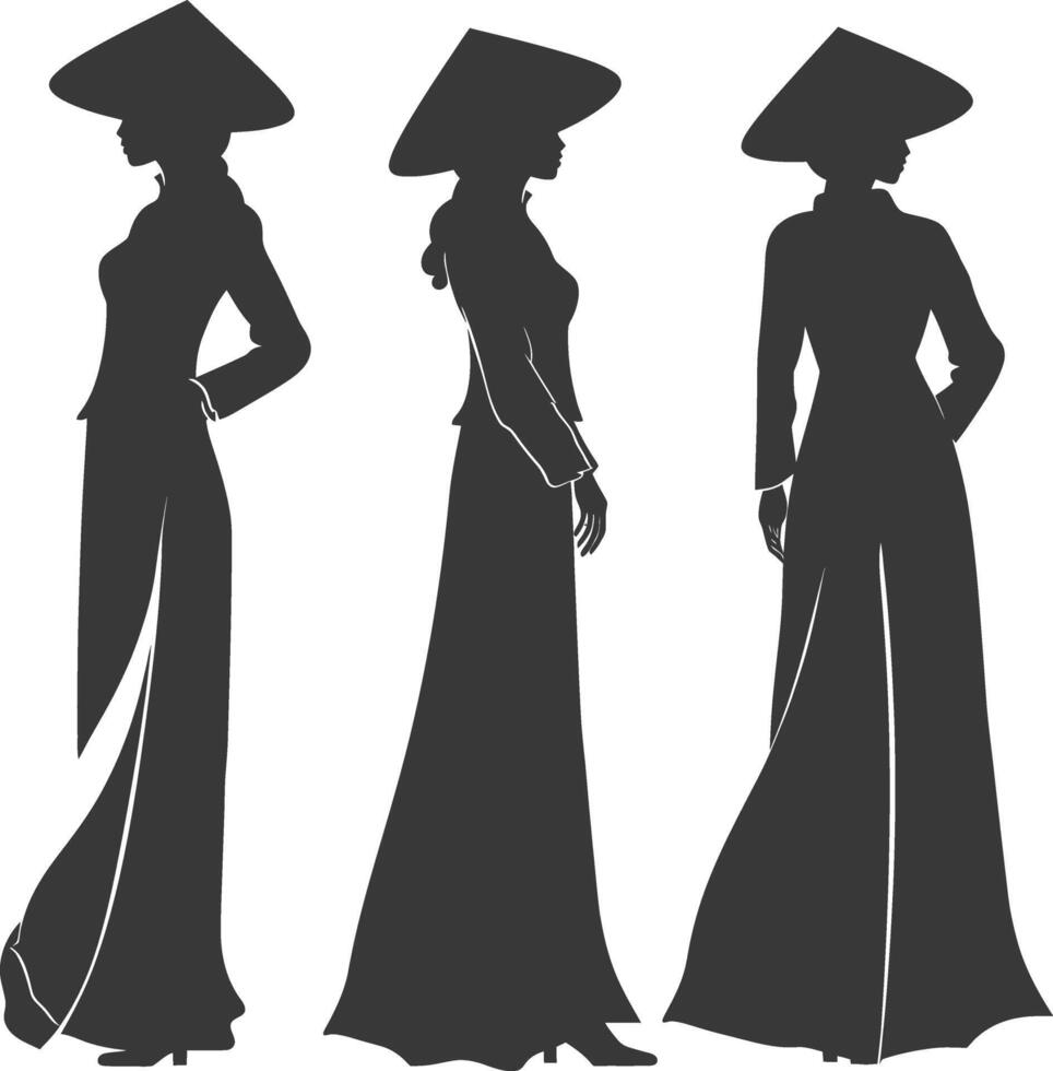 silhouette independent vietnamese women wearing ao dai black color only vector
