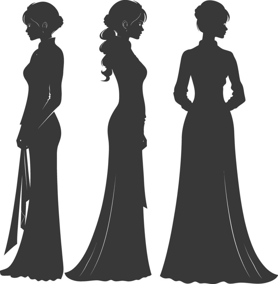 silhouette independent vietnamese women wearing ao dai black color only vector