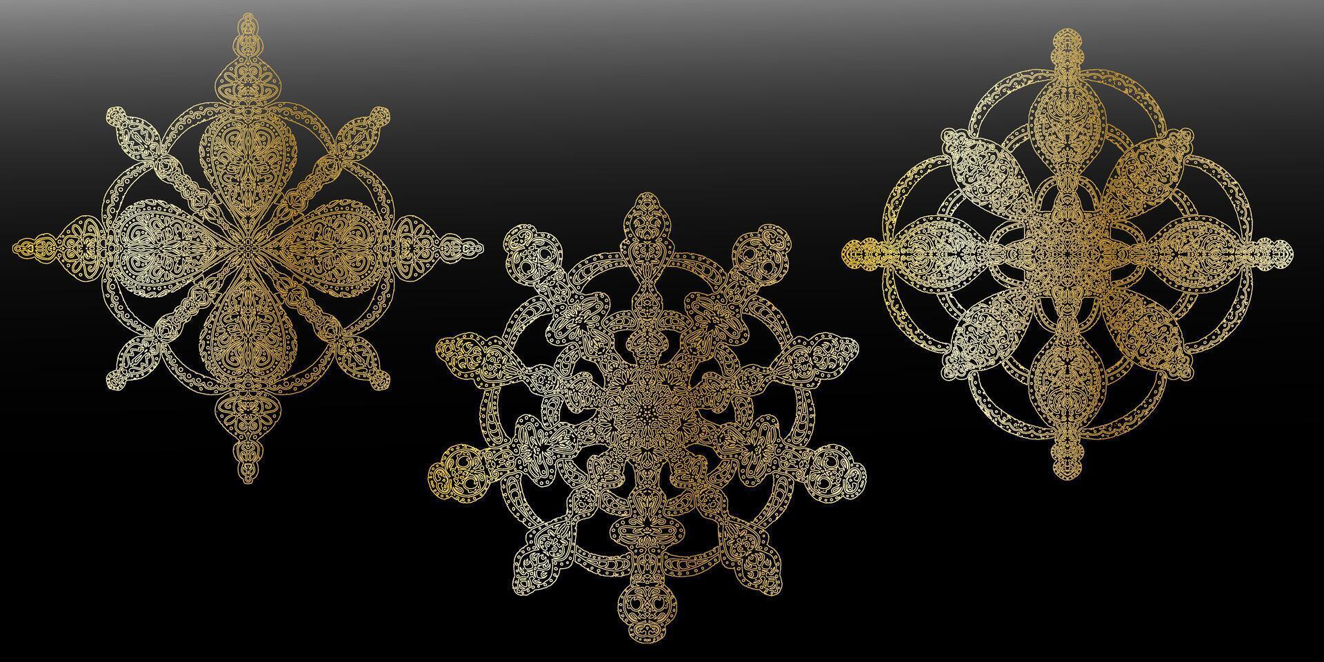 three gold and silver ornamental designs on a black background vector