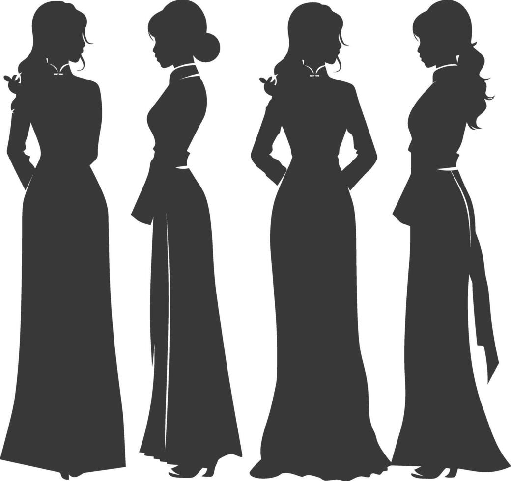 silhouette independent vietnamese women wearing ao dai black color only vector