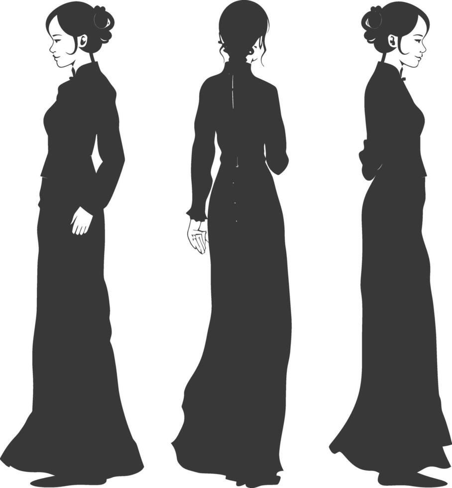 silhouette independent vietnamese women wearing ao dai black color only vector