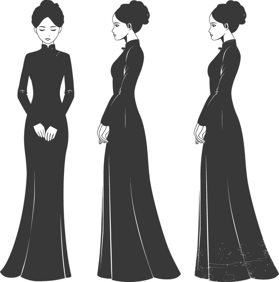 silhouette independent vietnamese women wearing ao dai black color only vector
