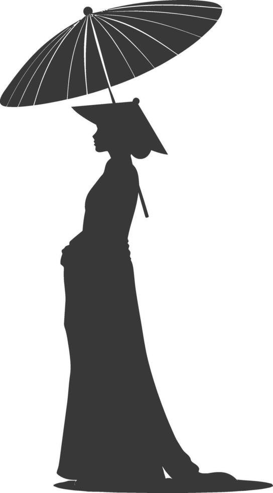 silhouette independent vietnamese women wearing ao dai with umbrella black color only vector