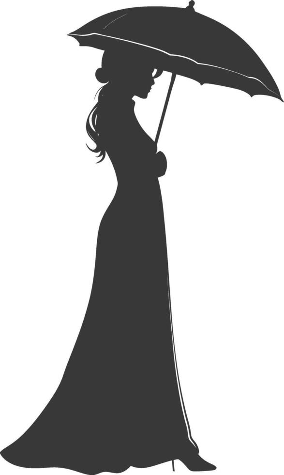 silhouette independent vietnamese women wearing ao dai with umbrella black color only vector