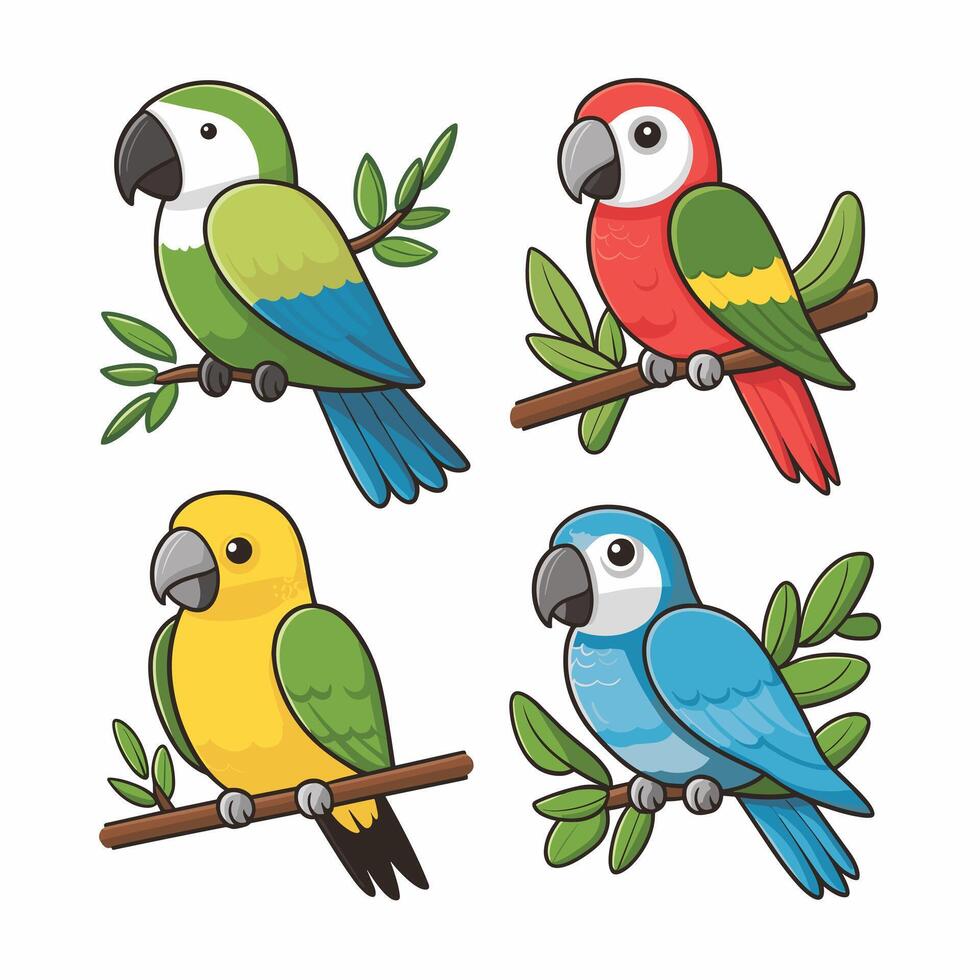 Set of Cute Parrot cartoon collection, isolated on white background vector