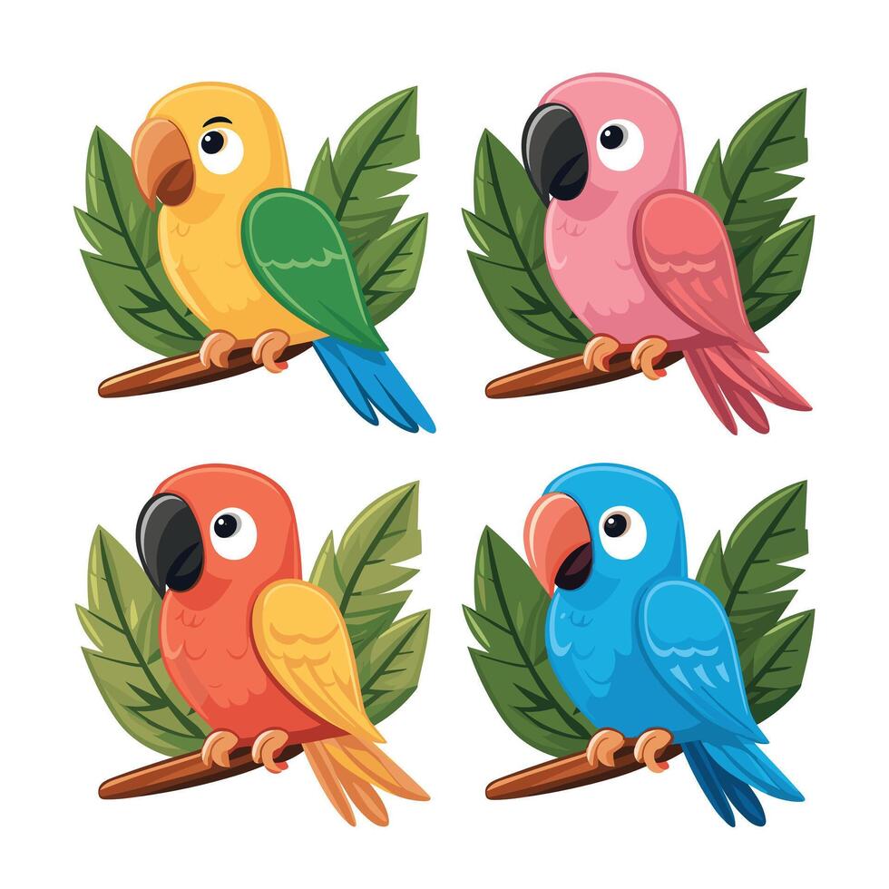 Set of Cute Parrot cartoon collection, isolated on white background vector