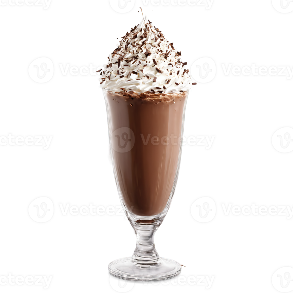 Chocolate milkshake with whipped cream and chocolate shavings exploding upwards Food and culinary concept png