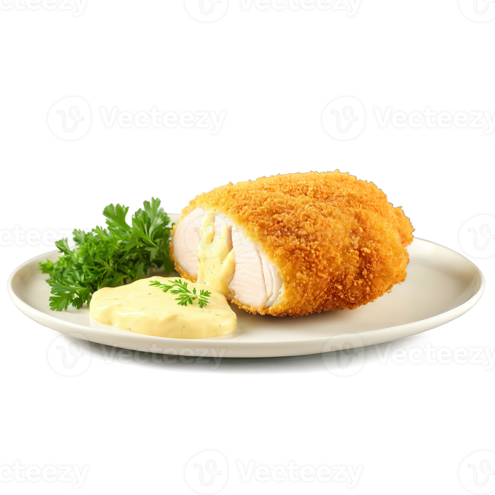 Chicken Kiev breaded chicken breast herb butter filling golden brown parsley sprig Culinary and Food png