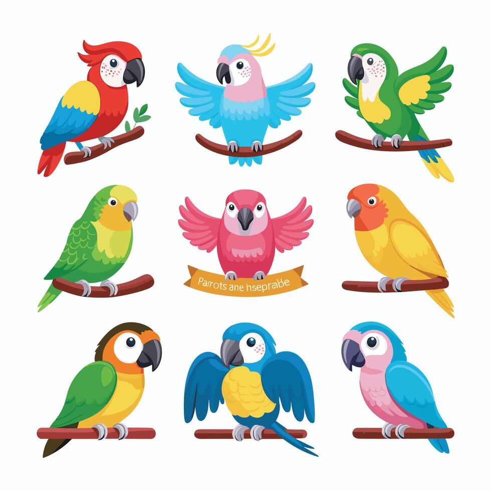 Set of Cute Parrot cartoon collection, isolated on white background vector