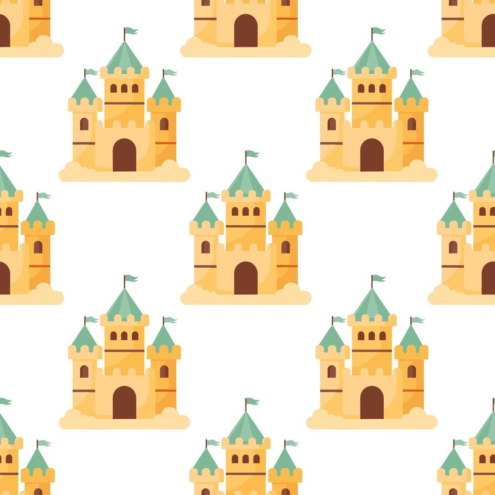 Summer sand castle seamless pattern. Sand castle in a colorful pattern on a white background. vector