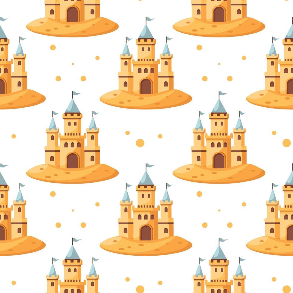 Summer sand castle seamless pattern. Sand castle in a colorful pattern on a white background. vector