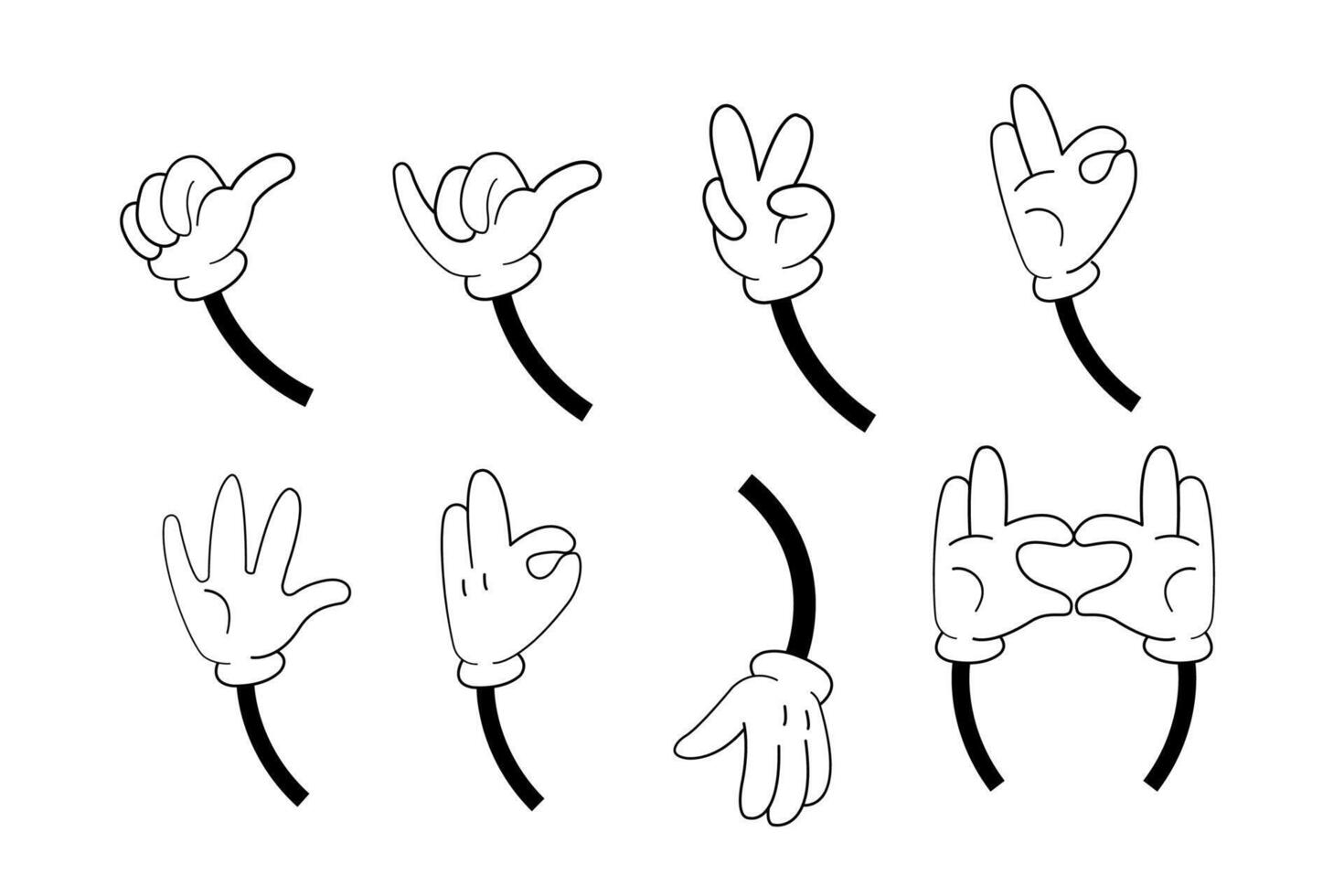 Y2K aesthetics, retro cartoon mascot characters hands. Old animation body elements. Vintage style set for logo. vector