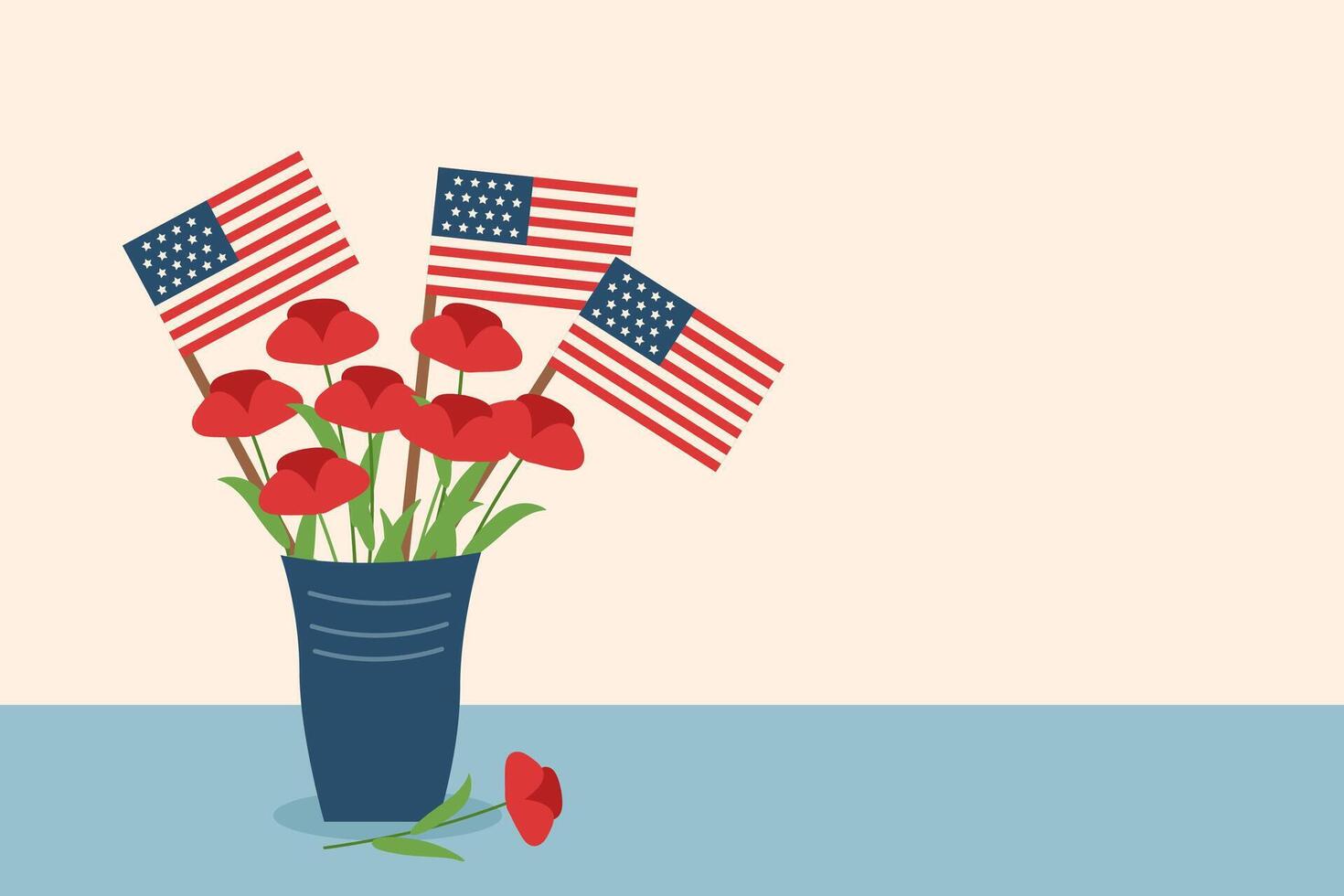 Memorial day and Independence day concept. Flag day concept. Vase with flags and red poppies. vector
