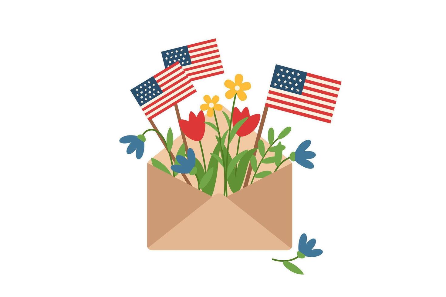 Memorial day and Independence day concept. Flag day concept. Envelope with flags and flowers isolated on white. vector