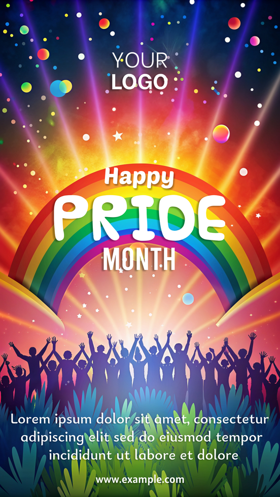 uma colorida poster para orgulho mês apresentando uma arco Iris e uma multidão do pessoas psd