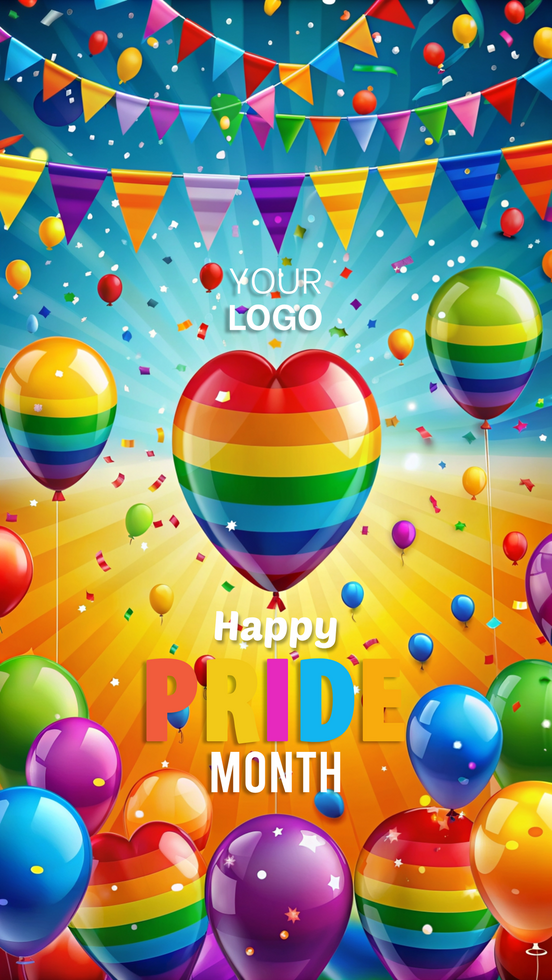 A colorful poster for Pride Month featuring a heart and rainbow balloons psd
