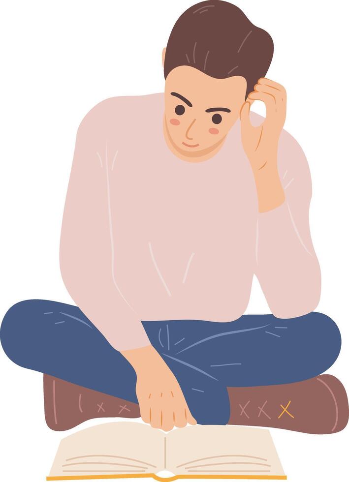 Relax Sitting Man Student Reading Book Character Illustration Graphic Cartoon Art vector
