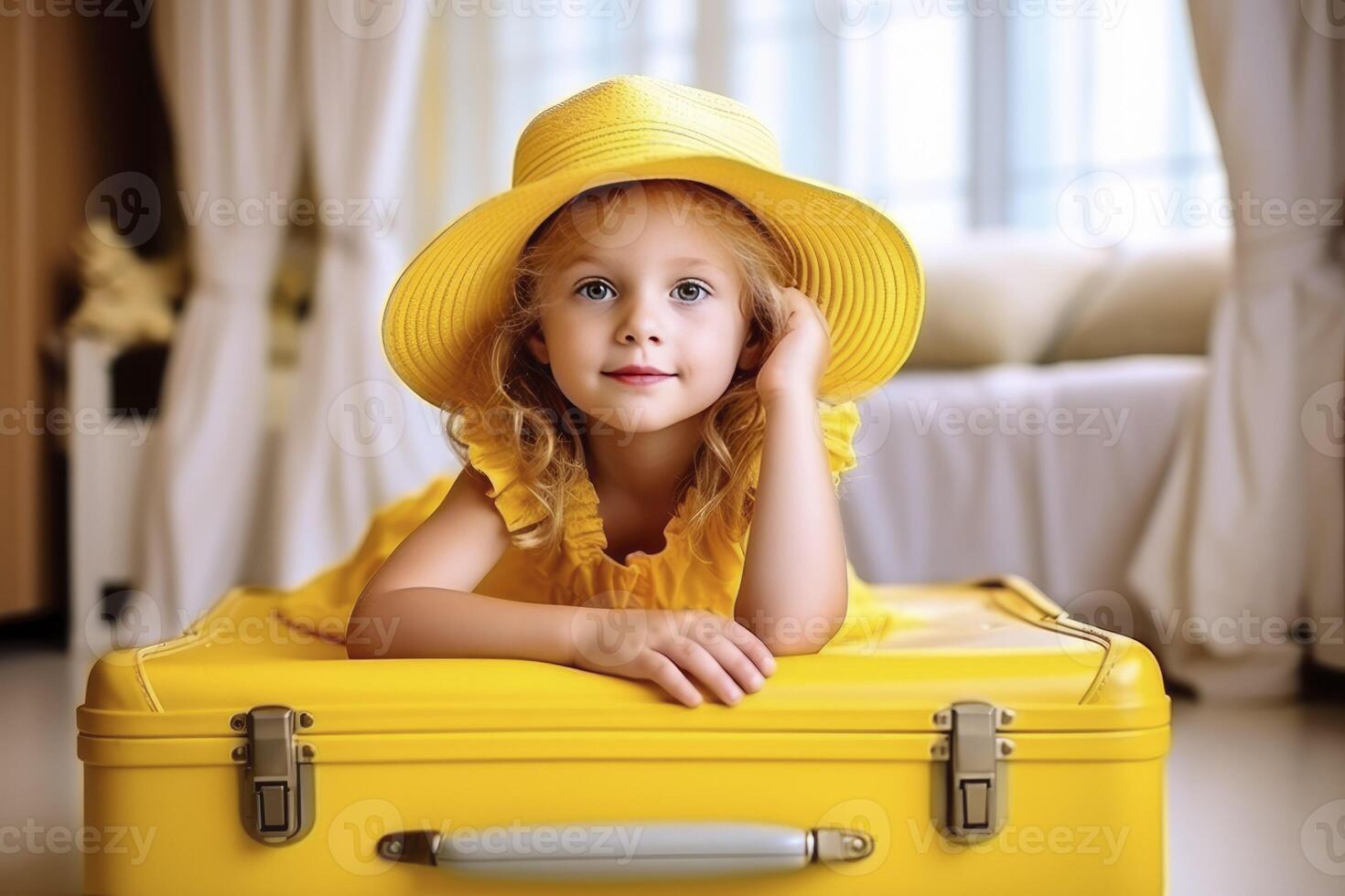 Little child sitting on a yellow suitcase and dreams of travel, adventure, vacation. photo