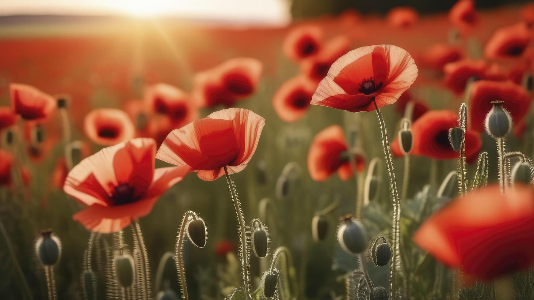 Beautiful field of red poppies in the sunset light. photo