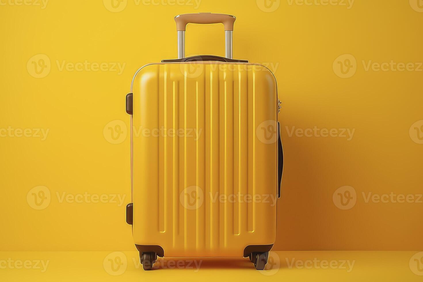 Stylish travel bag, suitcase on color yellow background. photo