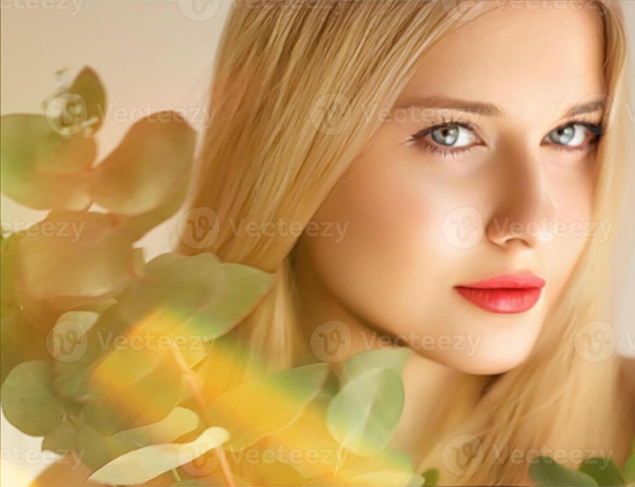 Beauty, makeup and hairstyle, face portrait of beautiful woman with green leaves branch, red lipstick makeup for skincare cosmetics and fashion look photo