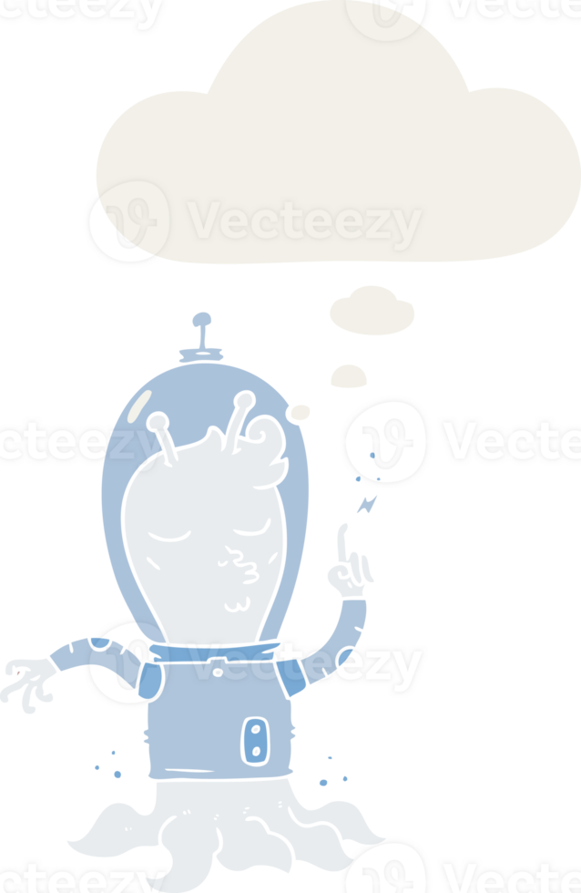 cartoon alien with thought bubble in retro style png