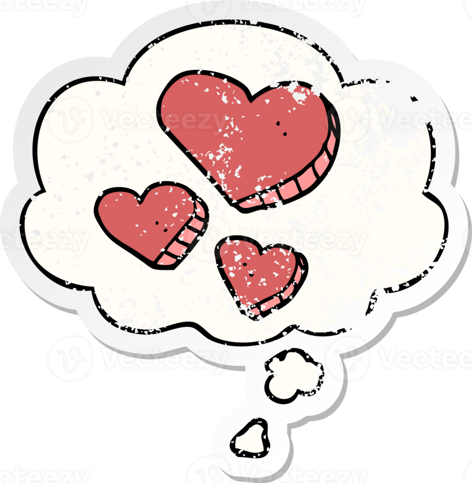 cartoon love hearts with thought bubble as a distressed worn sticker png