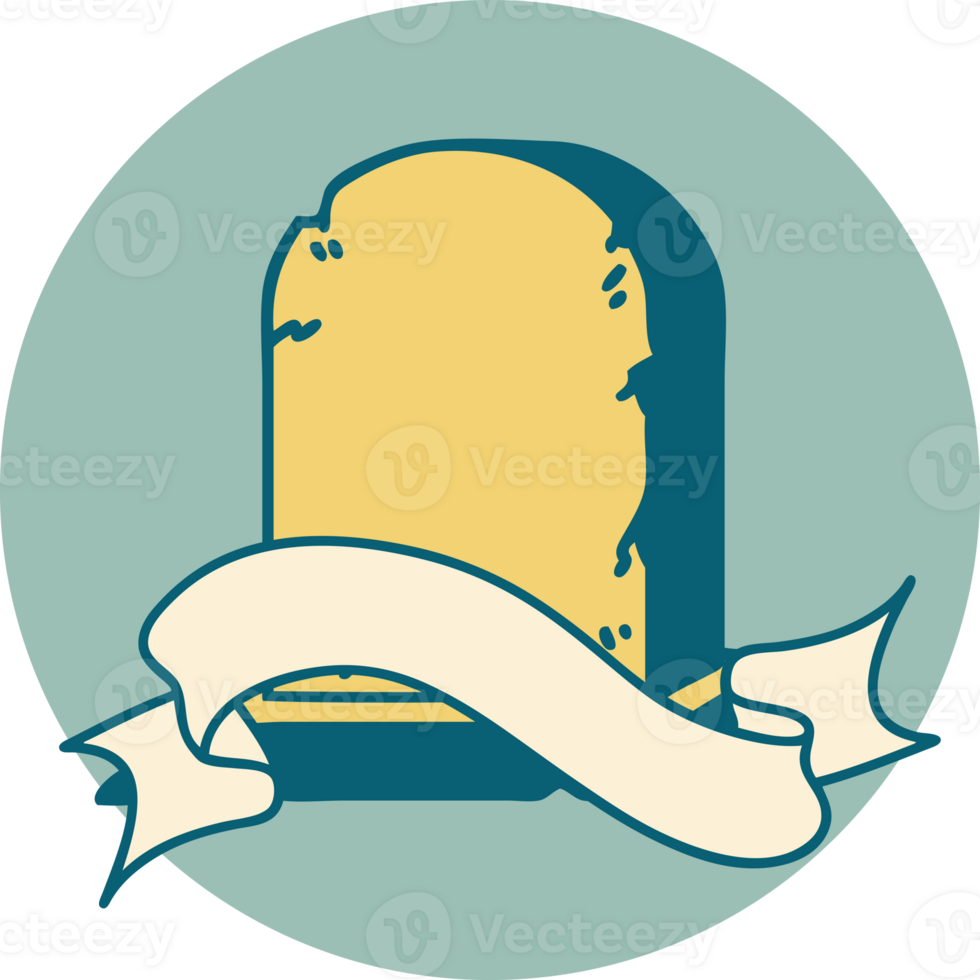 tattoo style icon with banner of a grave stone png