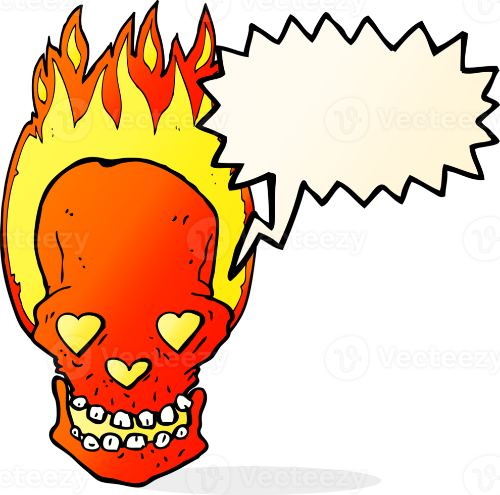 cartoon flaming skull with love heart eyes with speech bubble png