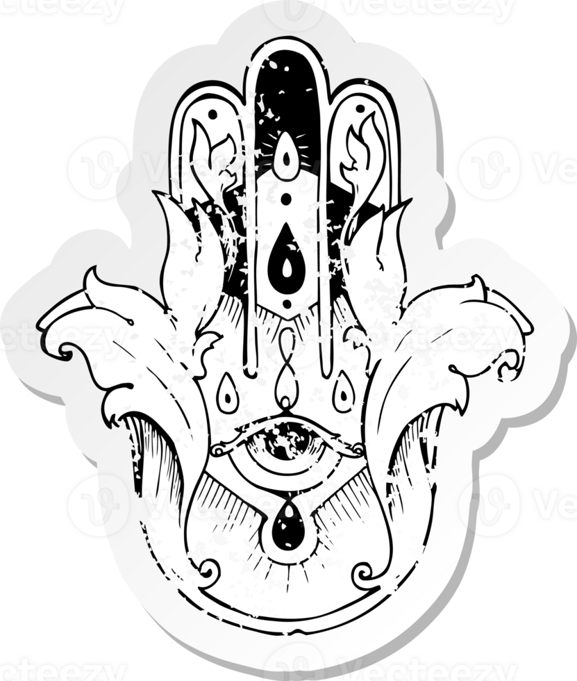 retro distressed sticker of a hamza tattoo symbol png