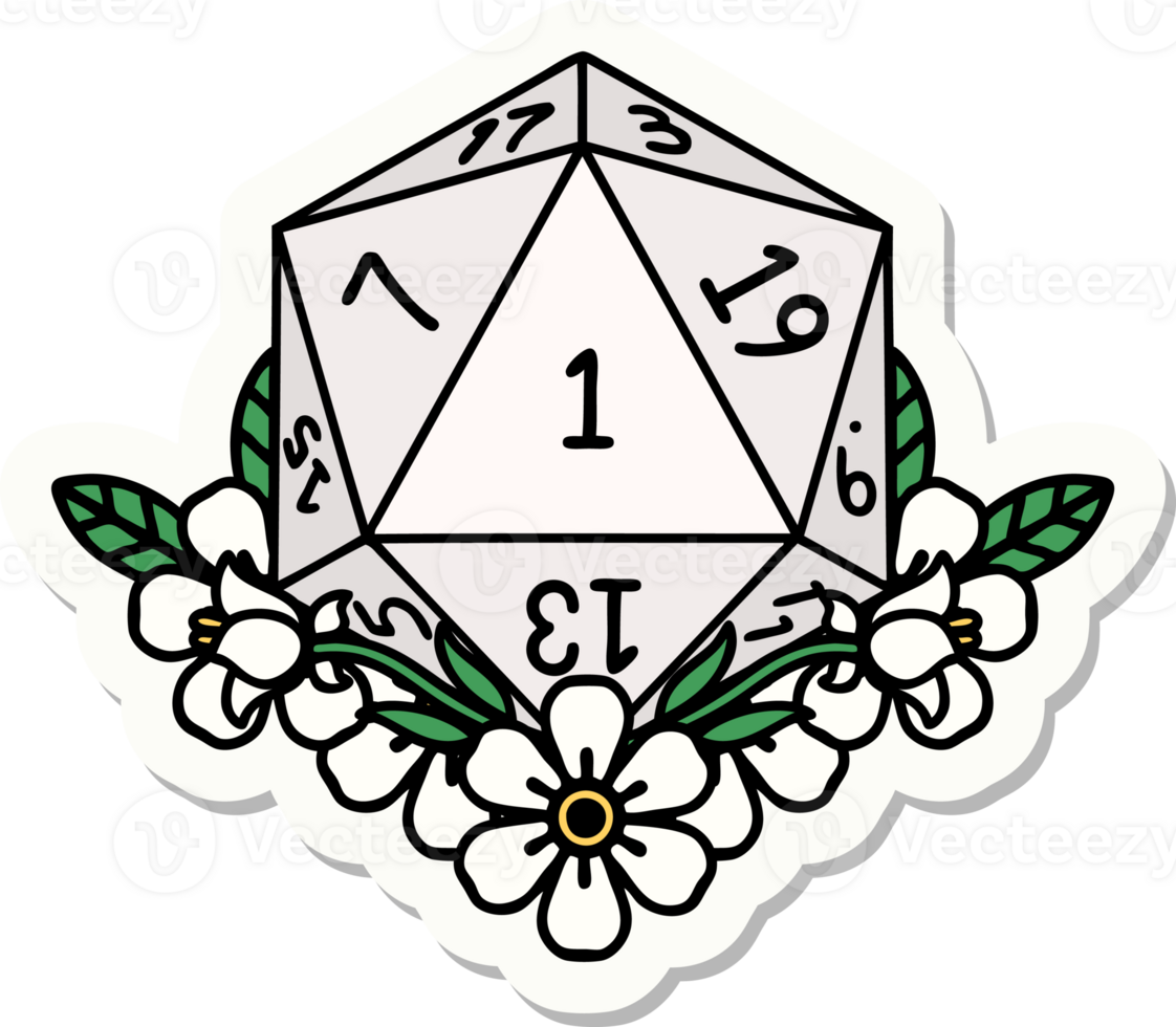 sticker of a natural one dice roll with floral elements png