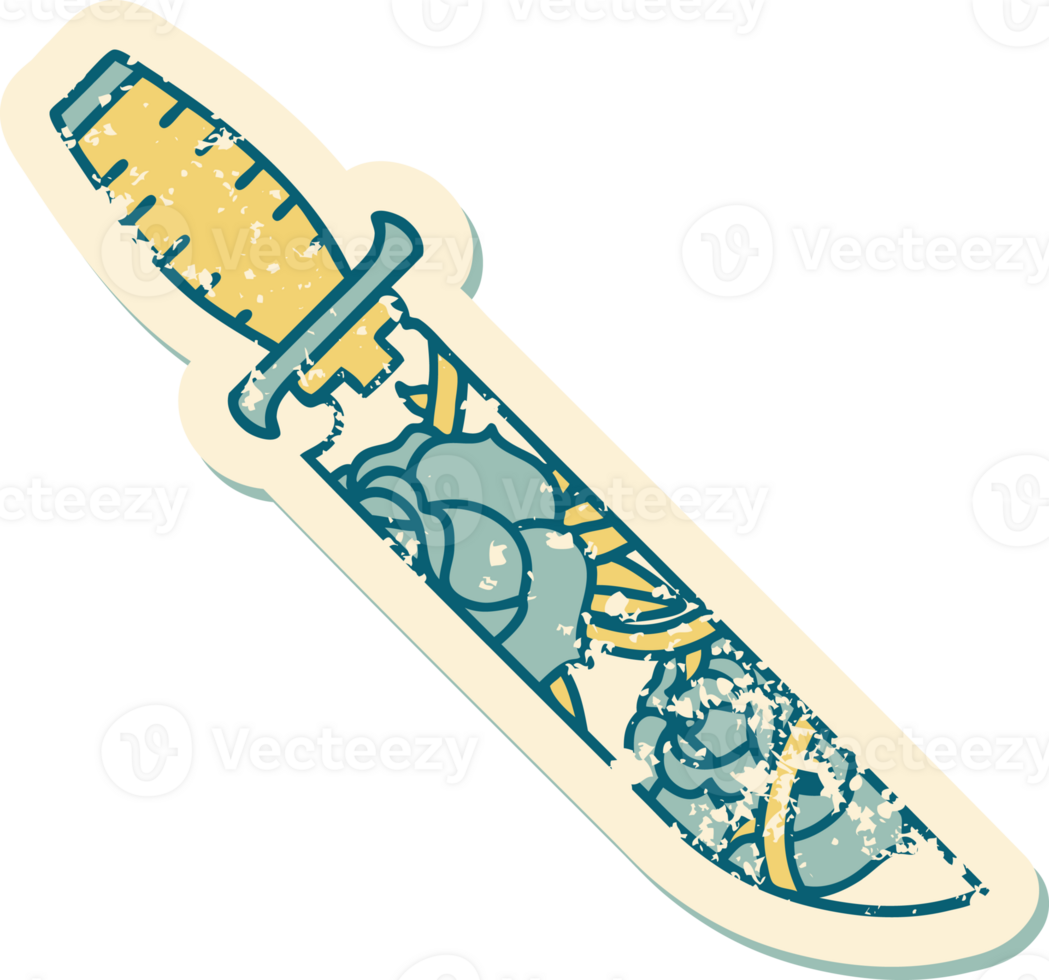 iconic distressed sticker tattoo style image of a dagger and flowers png