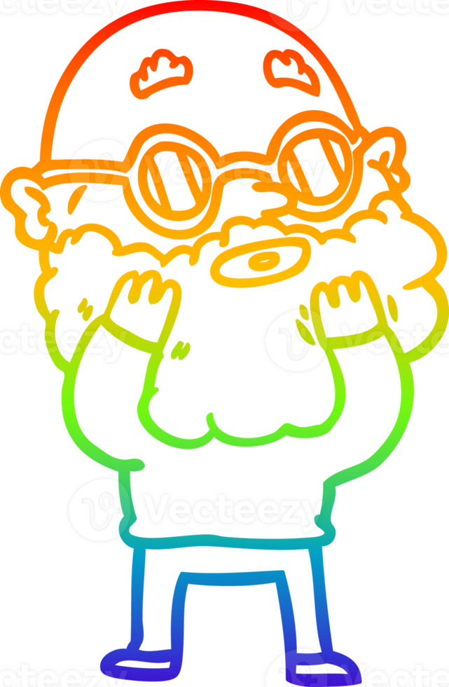 rainbow gradient line drawing of a cartoon curious man with beard and sunglasses png