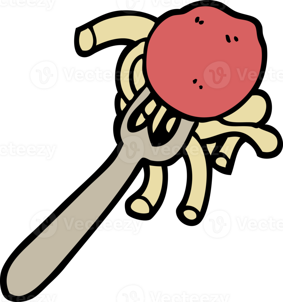 hand drawn doodle style cartoon spaghetti and meatballs on fork png