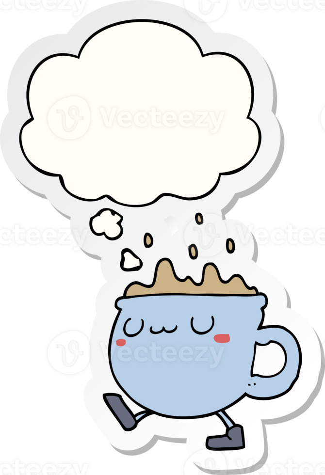 cartoon coffee cup walking with thought bubble as a printed sticker png