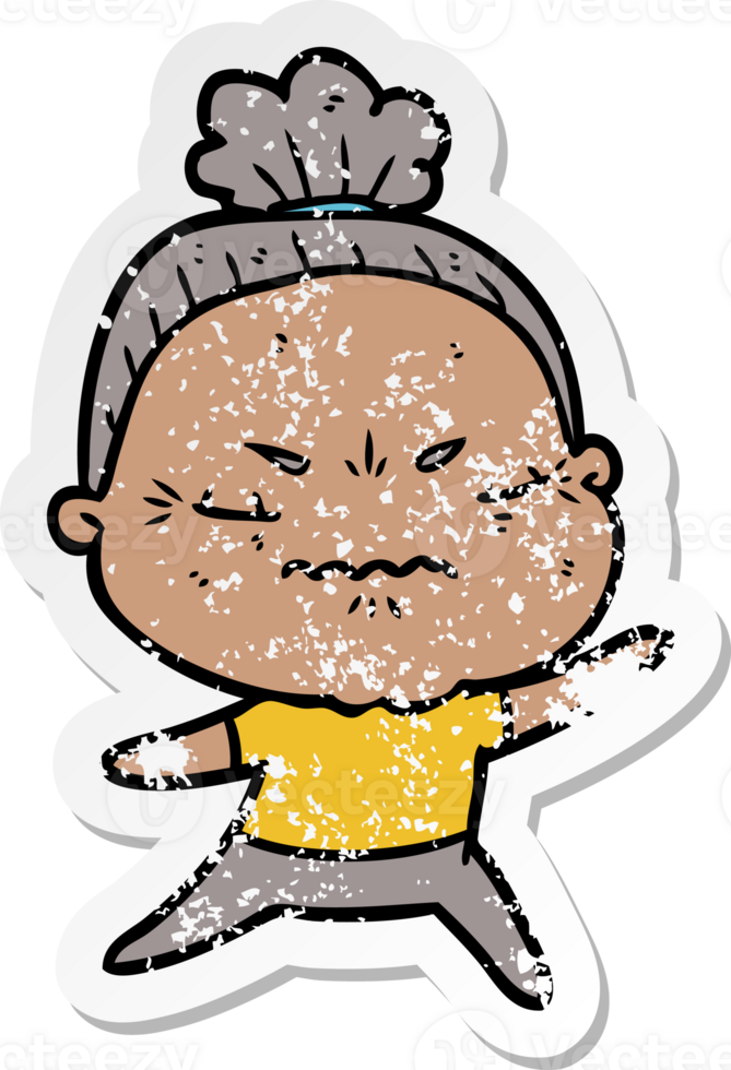 distressed sticker of a cartoon annoyed old lady png